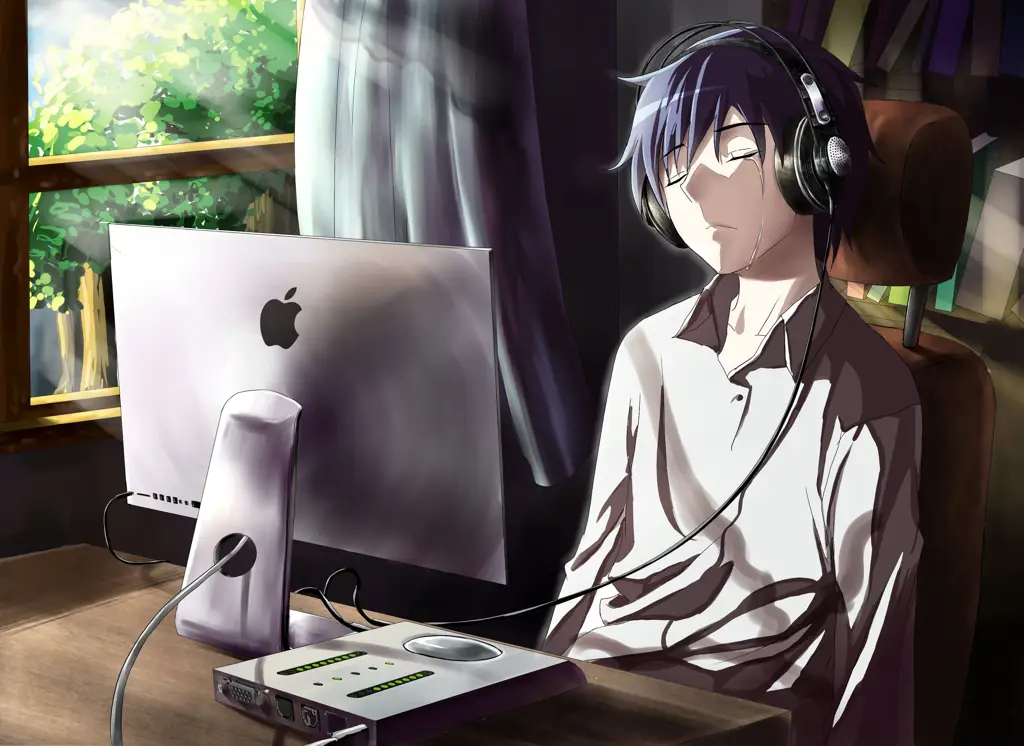 Menonton Anime dengan Nyaman Gambar penggemar anime yang bahagia menonton anime di laptop