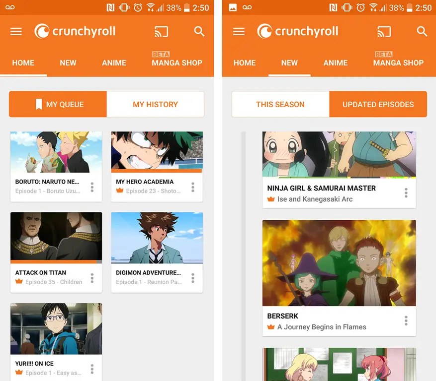 Antarmuka aplikasi Crunchyroll