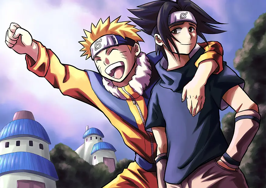 Gambar Naruto dan teman-temannya merayakan sebuah kemenangan