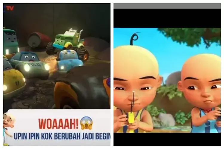 Gambar yang menampilkan poster Upin & Ipin dengan nuansa misterius