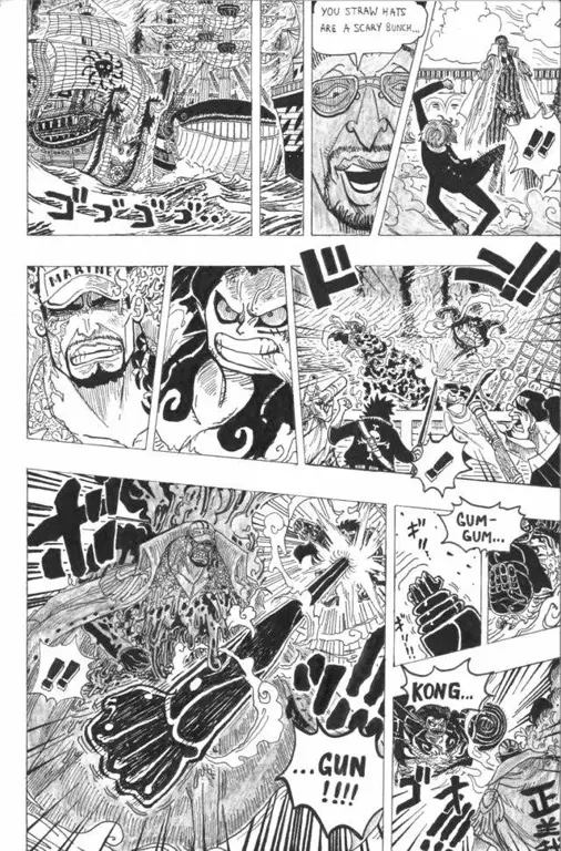 Panel manga yang menampilkan Luffy dan Akainu bertarung