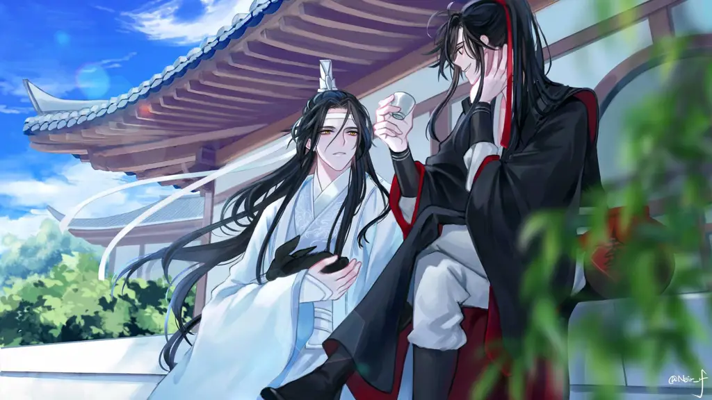 Wei Wuxian dan Lan Wangji dalam sebuah adegan mengharukan.