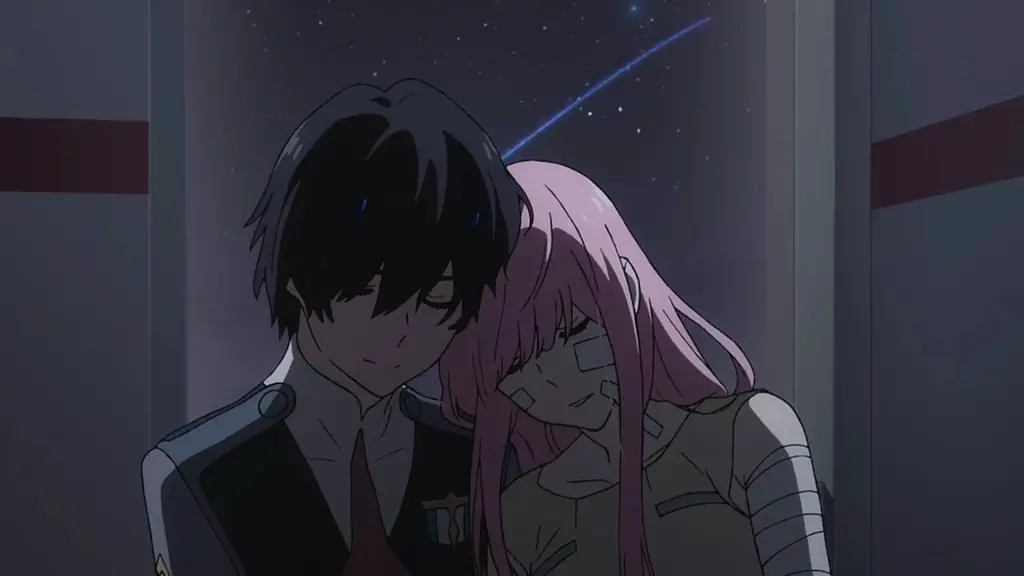 Gambar Zero Two dan Hiro dalam momen emosional dari episode 21