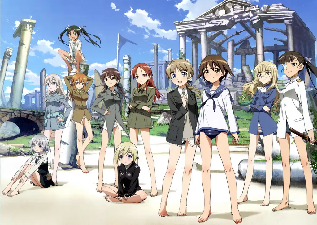 Gambar para karakter Strike Witches berinteraksi