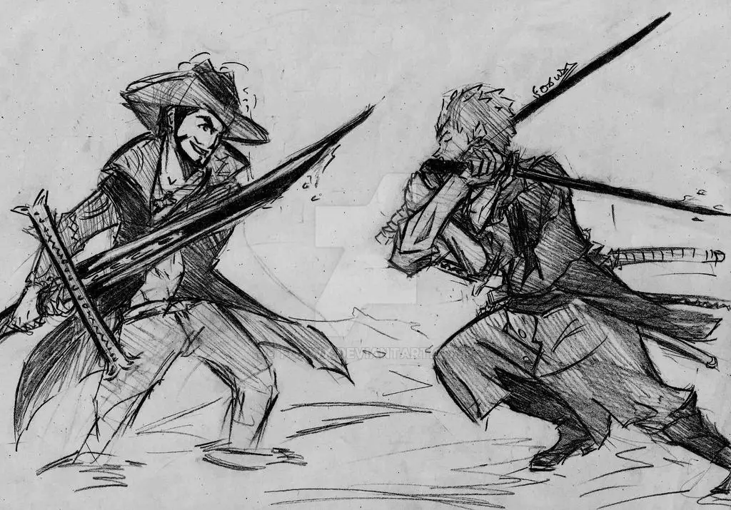 Momen Latihan Zoro dan Mihawk Gambar fanart Mihawk dan Zoro berlatih