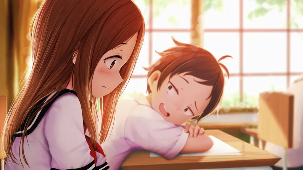 Gambar cuplikan anime Takagi-san yang menunjukkan interaksi lucu antara Takagi dan Nishikata.