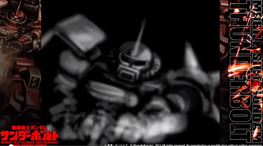 Screenshot adegan pertempuran dari Gundam Thunderbolt episode 2