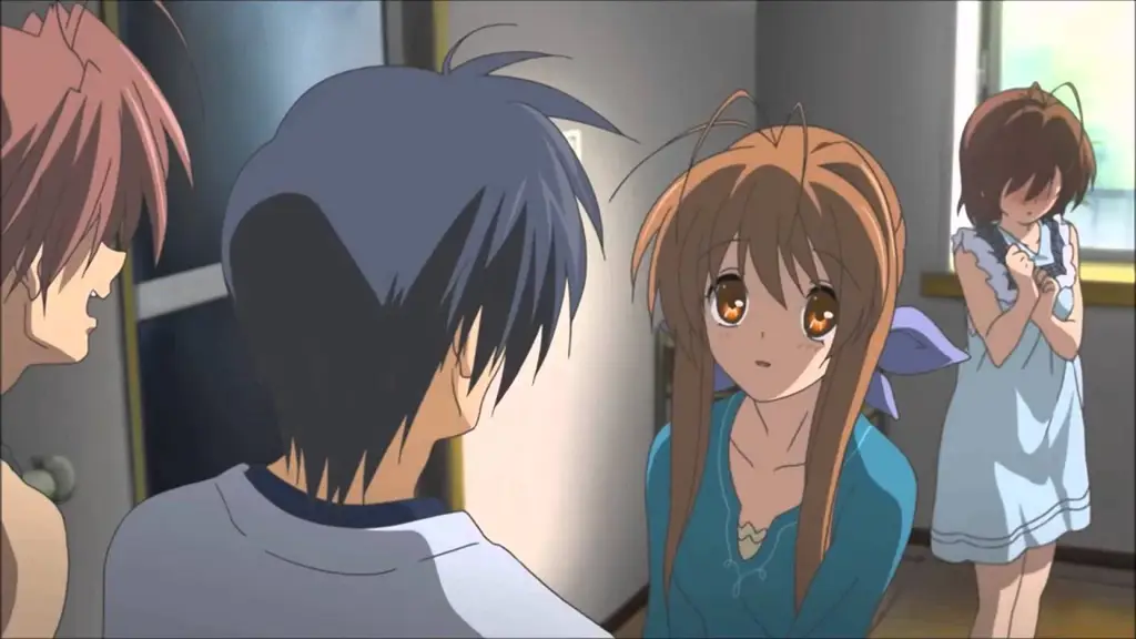 Gambar screenshot anime Clannad After Story yang menampilkan karakter Tomoya dan Nagisa