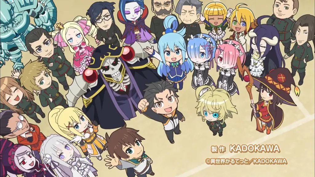 Para karakter Isekai Quartet bernyanyi bersama