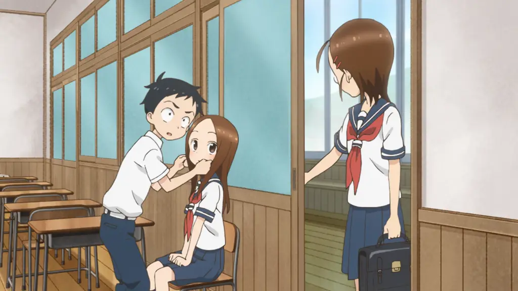 Adegan anime Karakai Jouzu no Takagi-san yang lucu dan menggemaskan