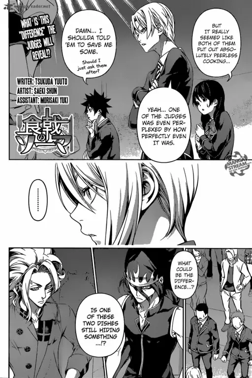 Panel-panel manga Shokugeki no Soma chapter 315 yang menampilkan momen-momen penting dalam kompetisi memasak.