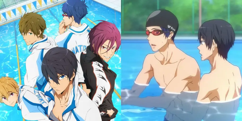 Momen-momen renang yang memukau dalam Free! Iwatobi Swim Club Adegan anime Free! Iwatobi Swim Club yang menampilkan karakter utama sedang berenang.