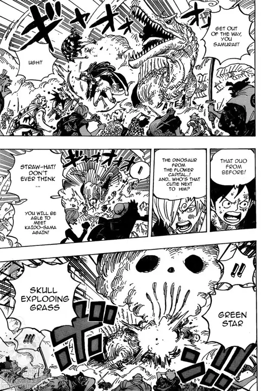 Panel-panel manga One Piece chapter 991 yang menampilkan pertarungan seru