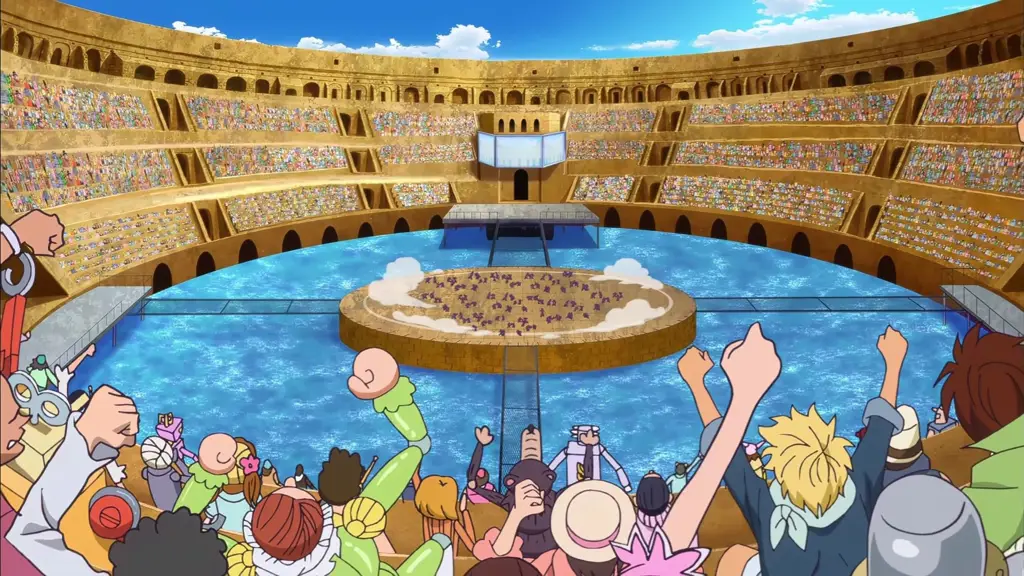 Gambar yang menampilkan momen-momen penting di arc Dressrosa, One Piece