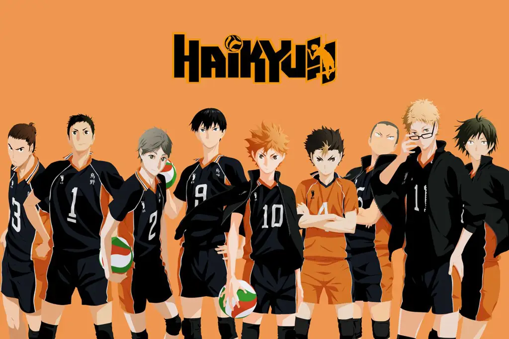 Karakter Haikyuu!! sedang merayakan kemenangan