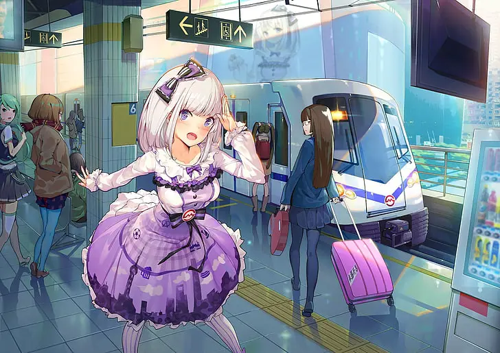 Gadis anime mengucapkan selamat tinggal di stasiun kereta