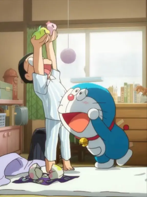 Nobita dan Doraemon sedang bermain bersama