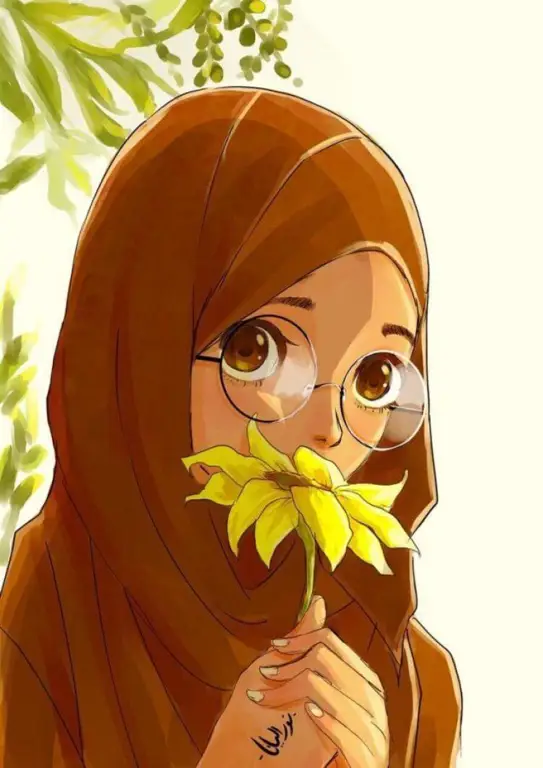 Ilustrasi dua gadis anime muslimah berhijab sedang tertawa bersama