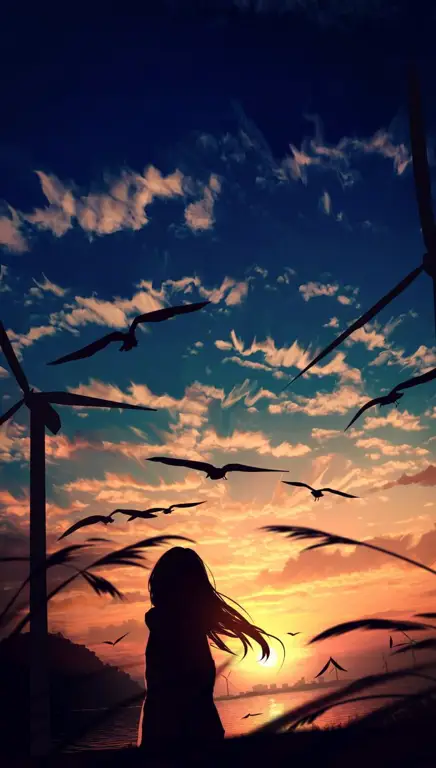 Gambar anime tentang teman-teman yang menyaksikan matahari terbenam
