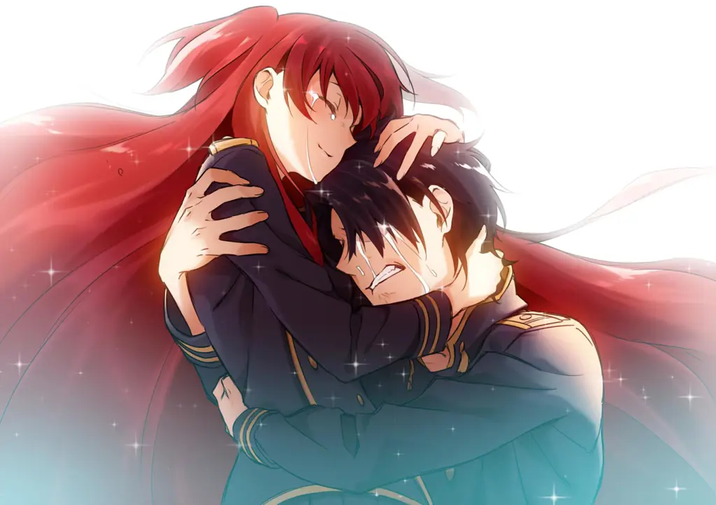 Momen romantis dalam anime Pasangan anime yang bahagia dan sedang berpelukan.