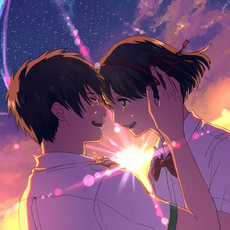 Momen Romantis dalam Anime Adegan romantis dari anime dengan latar belakang yang indah