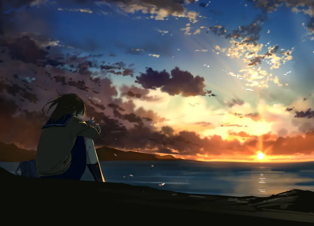Momen Romantis di Senja Pasangan anime menikmati matahari terbenam bersama