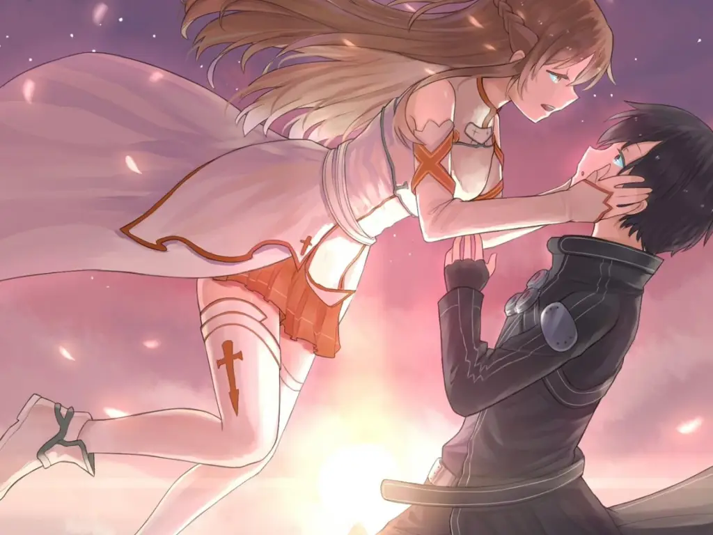 Gambar pasangan anime dalam adegan romantis saat matahari terbenam