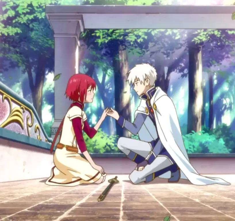 Shirayuki dan Pangeran Zen dalam sebuah adegan romantis.