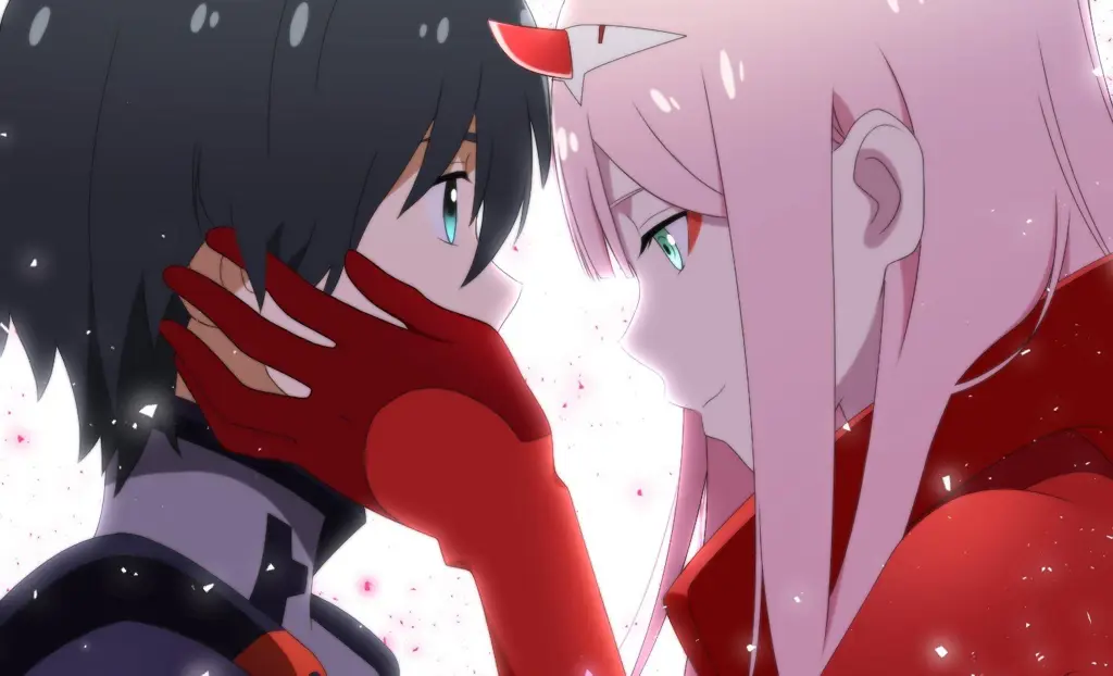 Gambar Zero Two dan Hiro bersama-sama dalam anime Darling in the Franxx