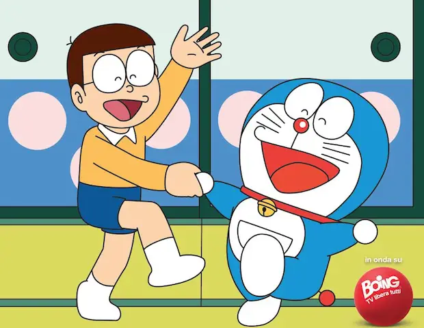 Gambar Nobita dan Doraemon sedang menonton TV bersama.