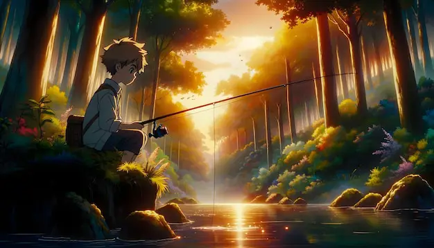 Adegan memancing yang damai dalam anime