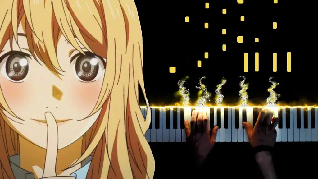 Gambar yang menampilkan lembaran musik atau ilustrasi yang berhubungan dengan musik dalam anime Your Lie in April.