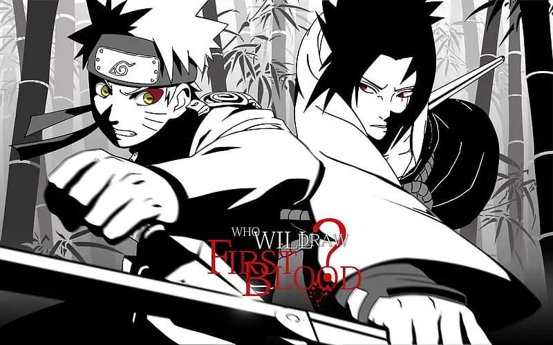 Gambar Naruto dan Sasuke dalam warna hitam putih