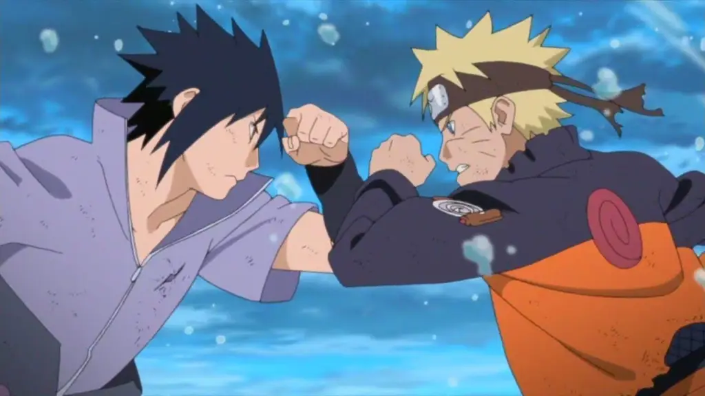 Gambar Naruto dan Sasuke yang sedang bertarung dengan latar belakang yang dramatis.