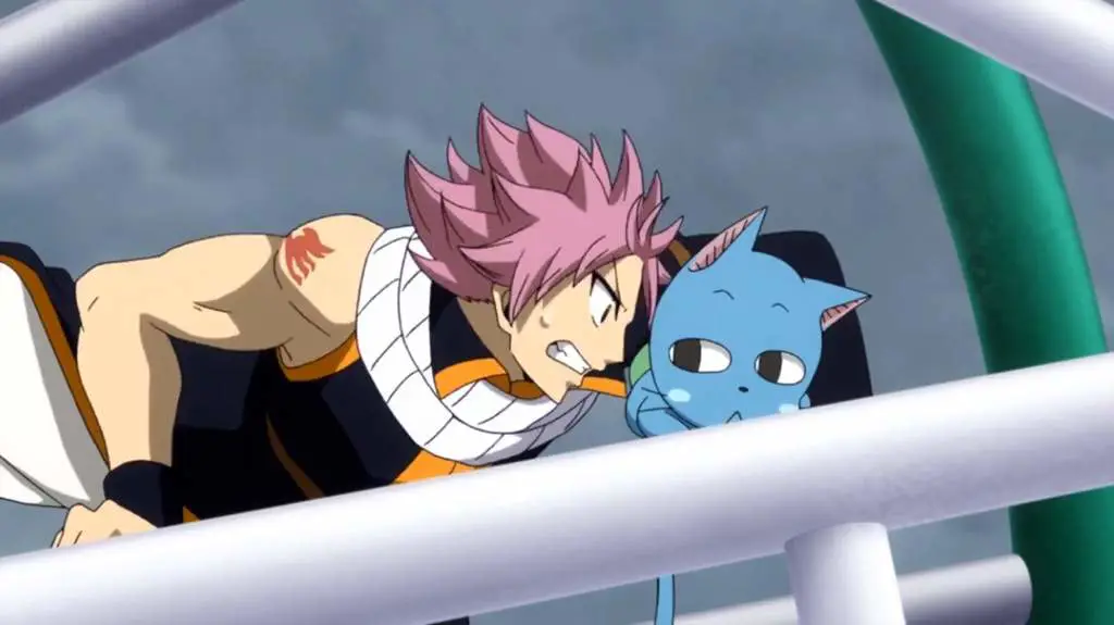 Screenshot anime Fairy Tail yang menampilkan Natsu dan Lucy