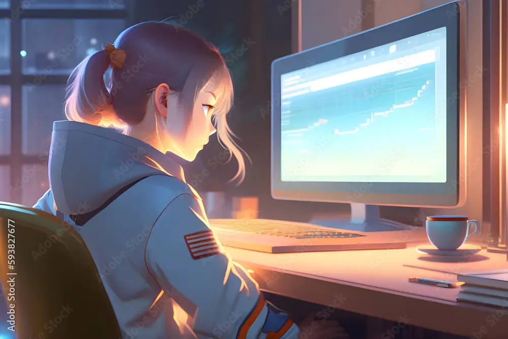 Penonton anime yang bahagia menonton di laptop