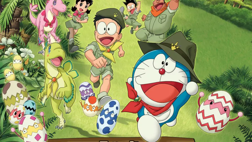 Gambar pemandangan zaman dinosaurus dengan Doraemon dan teman-temannya