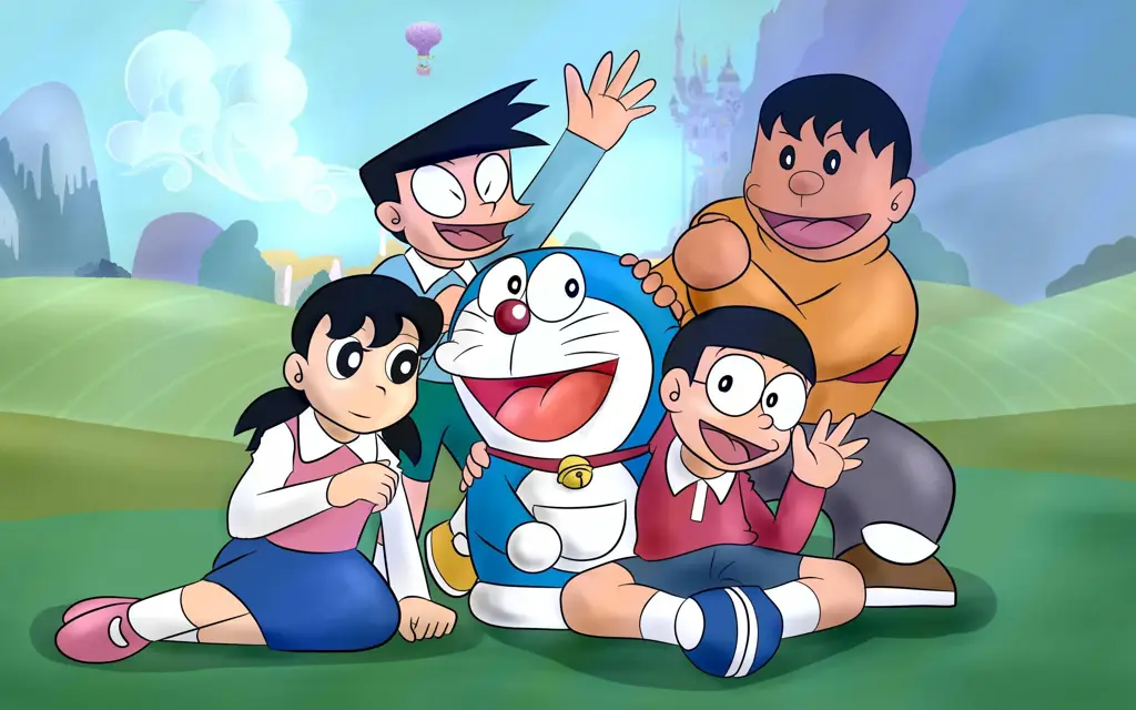 Gambar Doraemon dan teman-temannya menonton film bersama