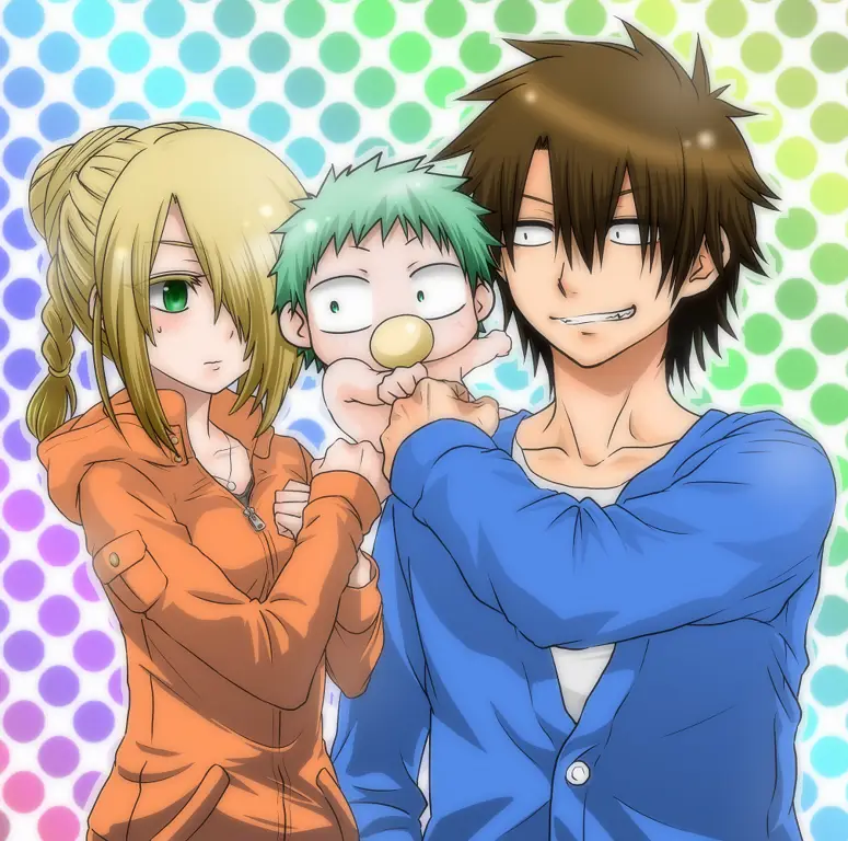 Oga Tatsumi dan Baby Beel sedang bermain bersama.