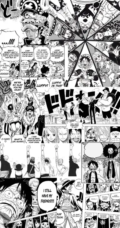 Panel-panel komik One Piece yang menampilkan adegan pertarungan dan ekspresi karakter yang dramatis