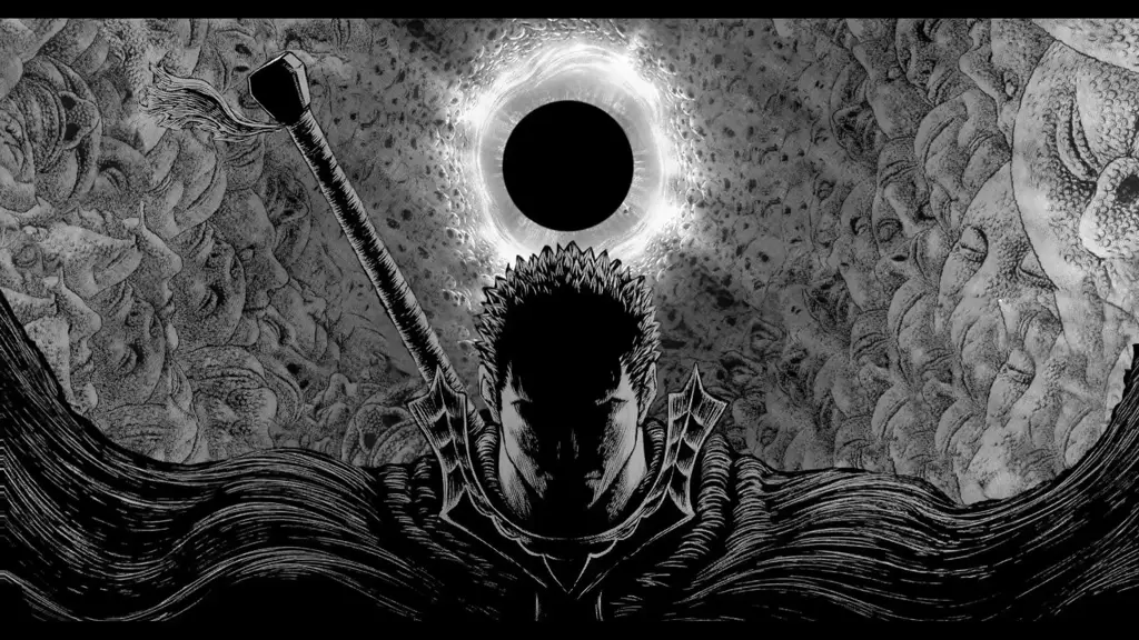 Panel manga Berserk yang menggambarkan pertarungan yang intens Gambar panel manga Berserk yang menampilkan pertarungan epik