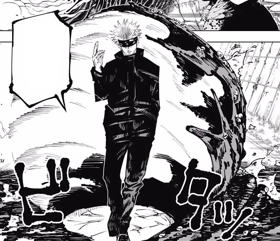 Panel manga Jujutsu Kaisen yang menampilkan pertarungan Gojo dan Sukuna