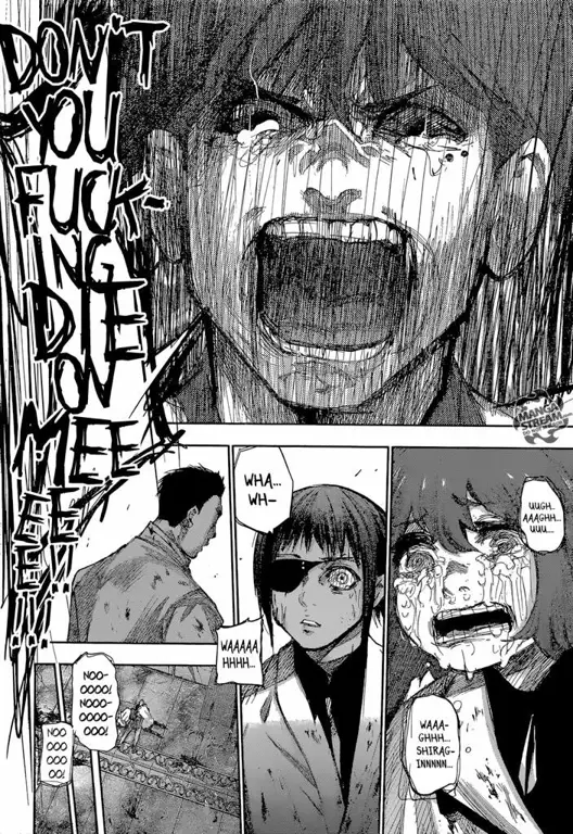 Panel-panel manga dari Tokyo Ghoul:re chapter 81 yang menunjukkan adegan pertarungan dan dialog penting.