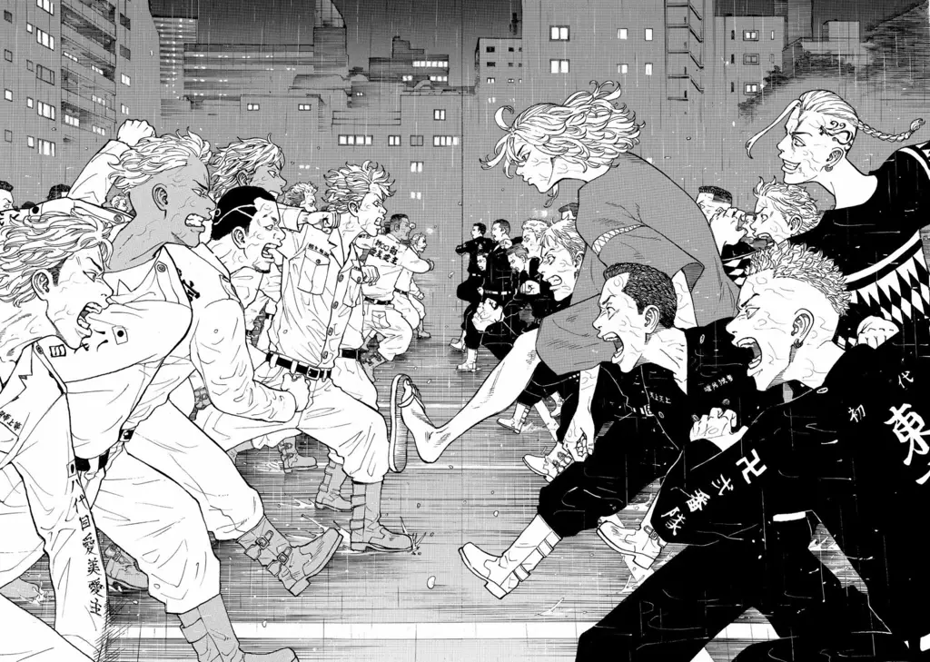 Gambar yang menampilkan panel manga Tokyo Revengers yang menarik