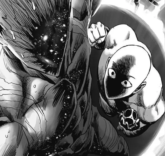 Panel manga yang menampilkan Saitama dan Garou sedang bertarung.