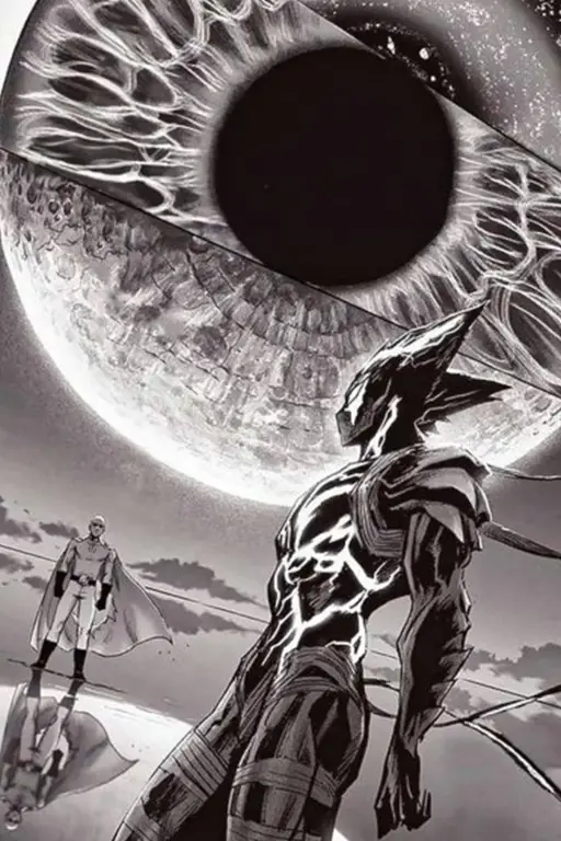 Panel manga One Punch Man yang menampilkan pertarungan Saitama melawan Garou