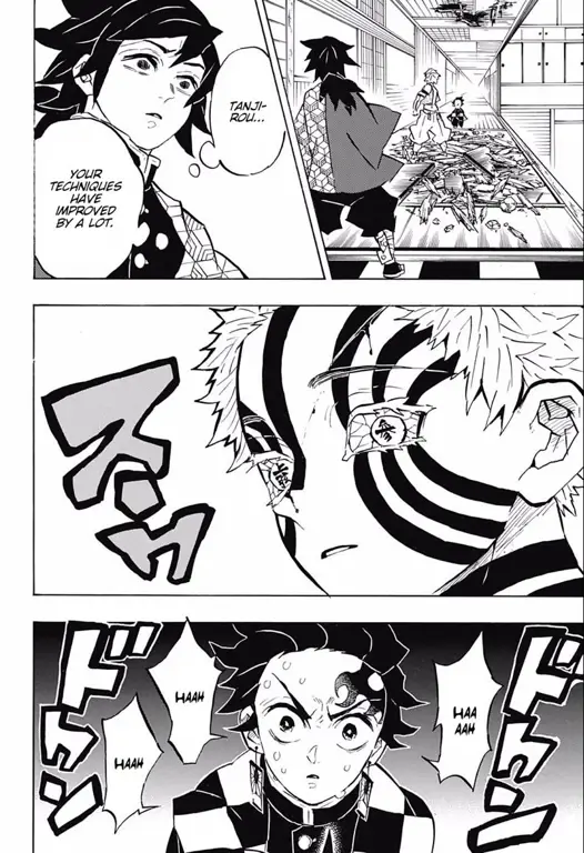 Panel-panel penting dari Kimetsu no Yaiba chapter 196 yang menampilkan pertarungan dan pengungkapan misteri.