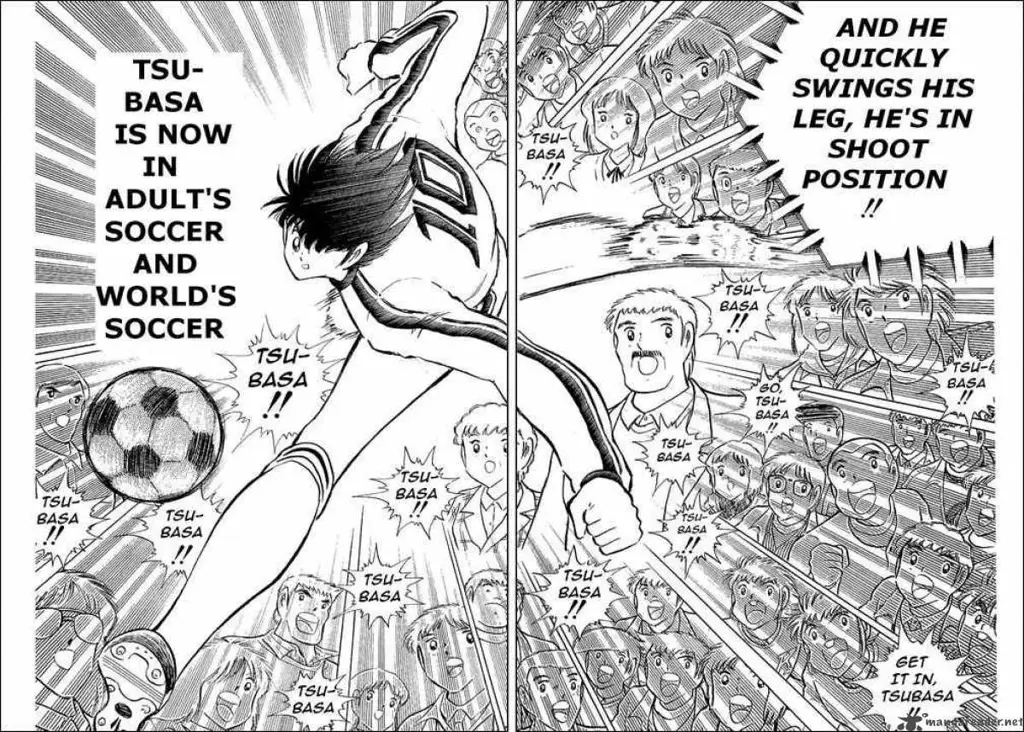 Panel-panel manga Captain Tsubasa yang menampilkan aksi dan ekspresi karakter yang dinamis.