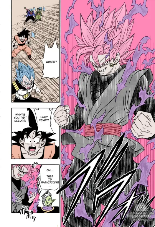 Beberapa halaman manga Dragon Ball Super yang menampilkan pertarungan seru