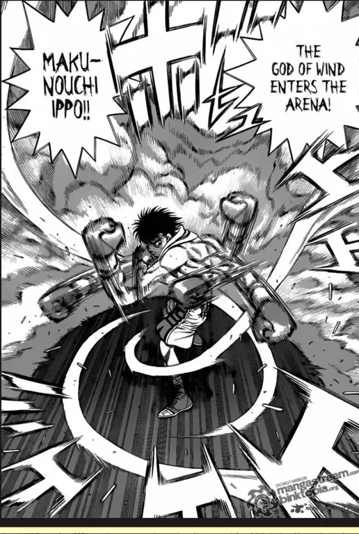 Panel-panel manga Hajime no Ippo yang menunjukkan berbagai adegan pertarungan dan latihan tinju.